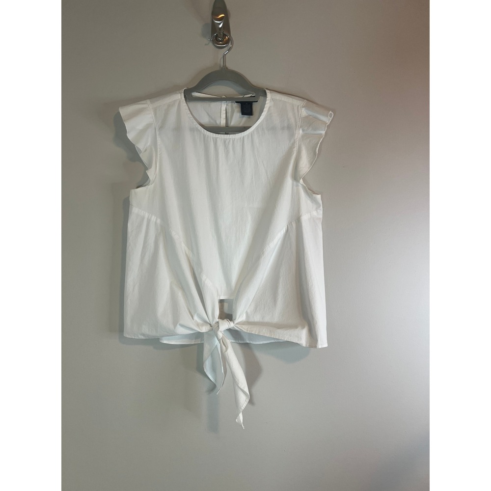 AQUA Women White Ruffle Sleeve‎ Tie Front Poplin Blouse Top Size M
